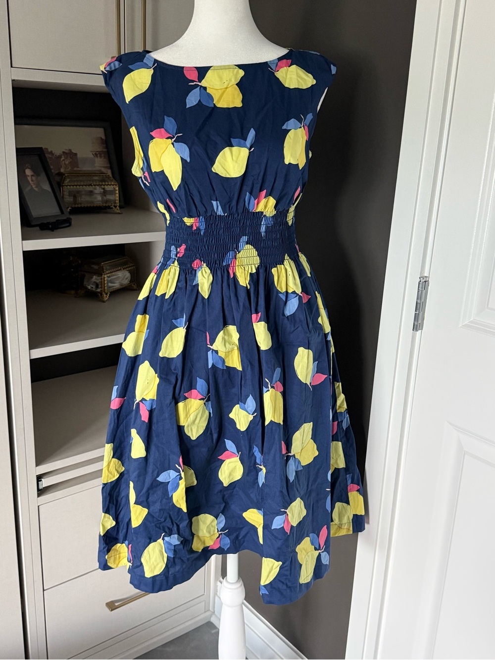 kate spade Navy Lemon Print Smocked-Waist Midi Dress